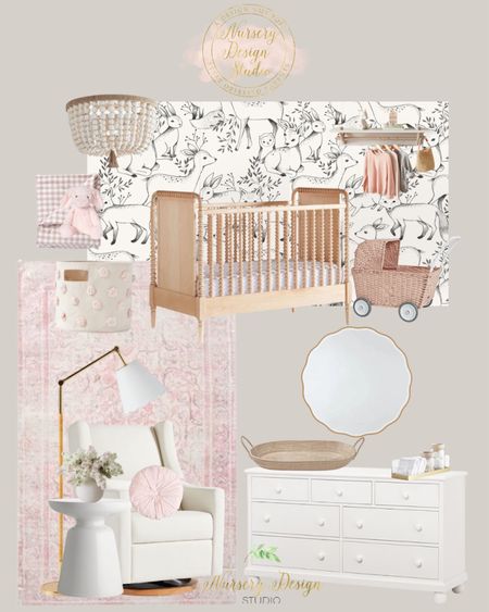 Woodland themed baby room, pink rug, nursery glider, dresser, mirror, nursery shelves 

#LTKbump #LTKbaby #LTKhome