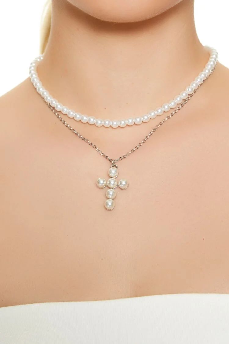 Layered Faux Pearl Cross Necklace | Forever 21