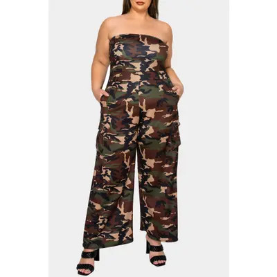 L I V D Freya Cargo Strapless Cargo Jumpsuit in Camo at Nordstrom, Size 2X | Nordstrom