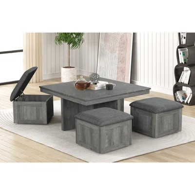 5PC Coffee Table Set Square Shape Coffee Table Faux Marble Top Lift Top 4 Stool Storage | Wayfair North America