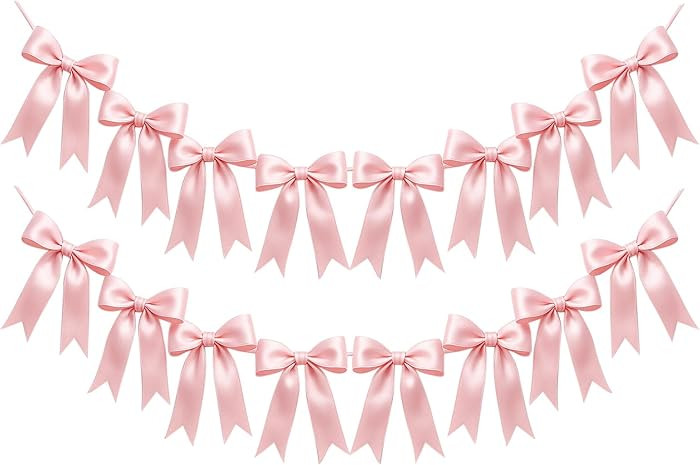 2 Strings of 16PCS Pink Bow Garlands Banner Decoration,Pre-Strung Satin Ribbon Ornaments for Birt... | Amazon (US)
