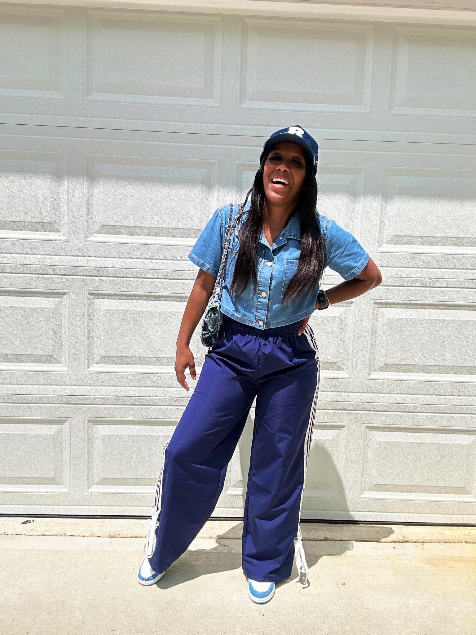 How to style blue and white track pants with a denim button up crop top.

#LTKPetite #LTKStyleTip #LTKFindsUnder50