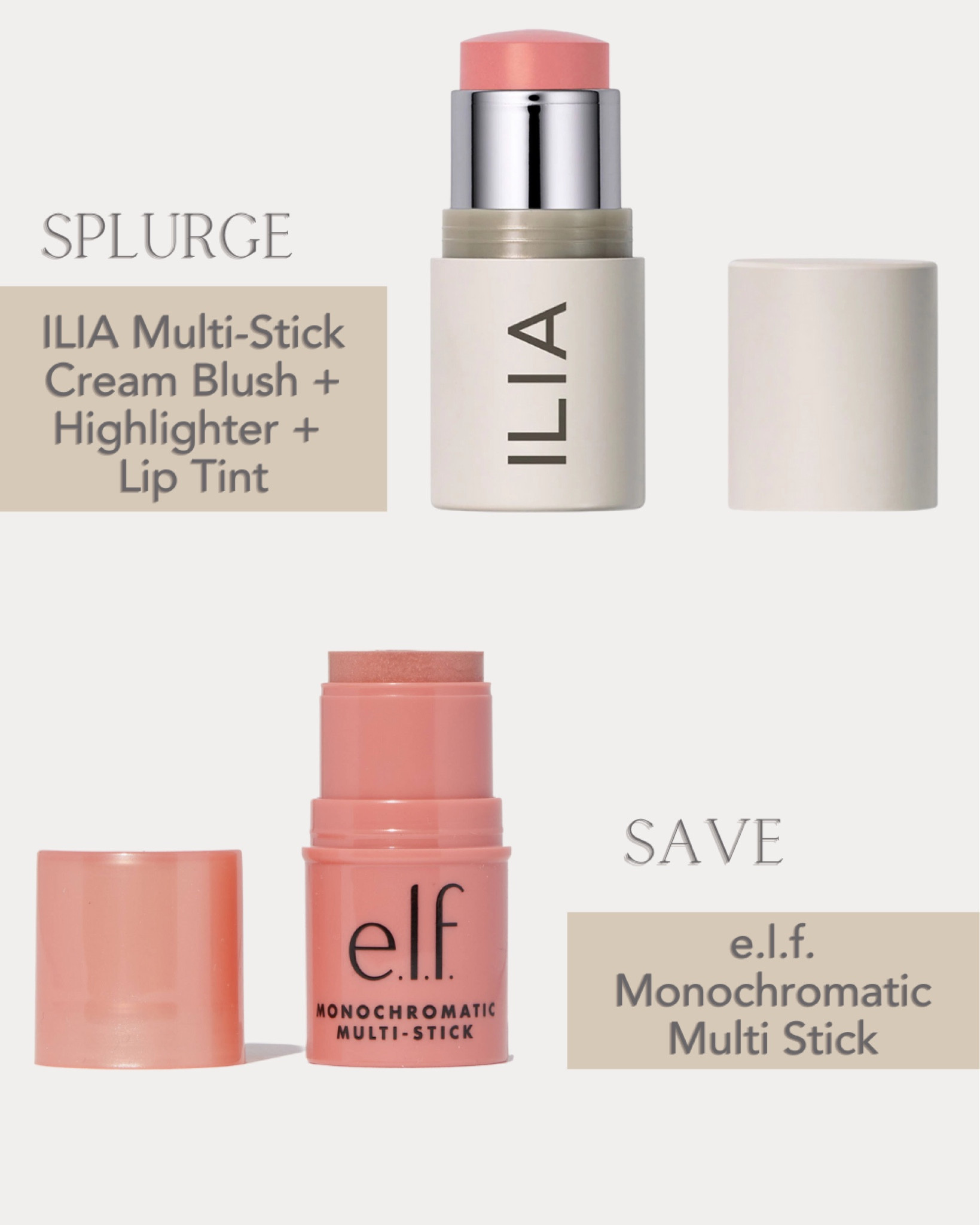 ILIA Multi Stick Cream Blush +Highlighter + Lip Tint vs e.l.f Monochromatic Multi Stick. Best multi stick dupes of ILIA. Best drugstore makeup.

#LTKFind #LTKbeauty #LTKunder50