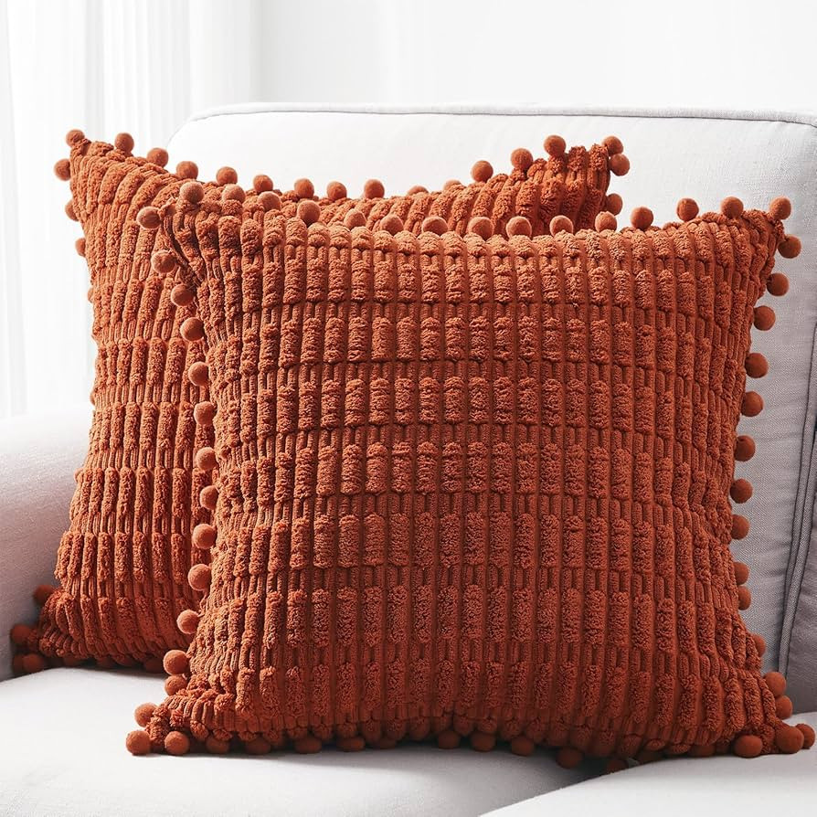Topfinel Set of 2 Burnt Orange Decorative Throw Pillow Covers 20x20 Inch with Cute Pom-poms for C... | Amazon (US)