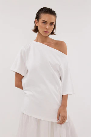ESME WHITE ASYM BOAT NECK TEE | DISSH