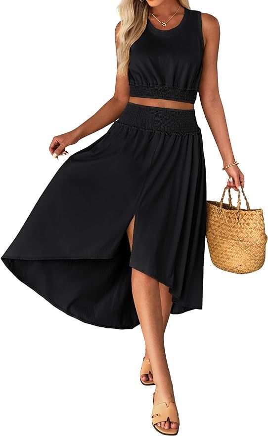 luvamia Two Piece Skirt Sets for Women Smocked Crop Top High Waisted High Low Split Maxi Skirt Co... | Amazon (US)