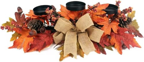 Fall Candle Holder Centerpiece with Maple Leaves, Pinecones, Berries & Burlap Bow,Thanksgiving Table Centerpiece Decoration for Dining Table, Mantel & Autumn Harvest Home Décor | Amazon (US)