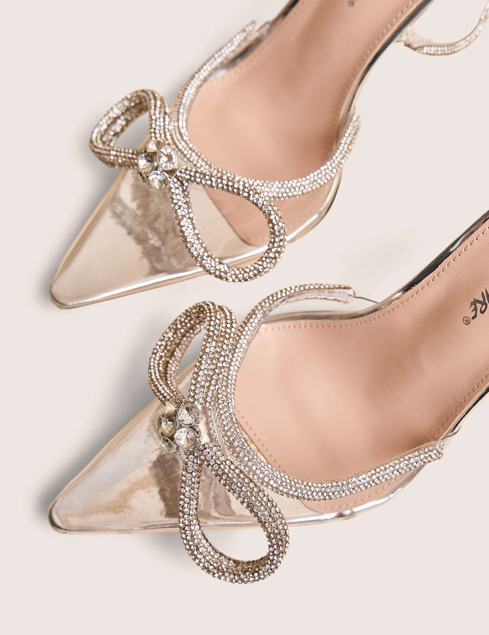 Midnight Clear Perspex Wrap Around Diamante Bow Pointed Toe High Heels | Public Desire
