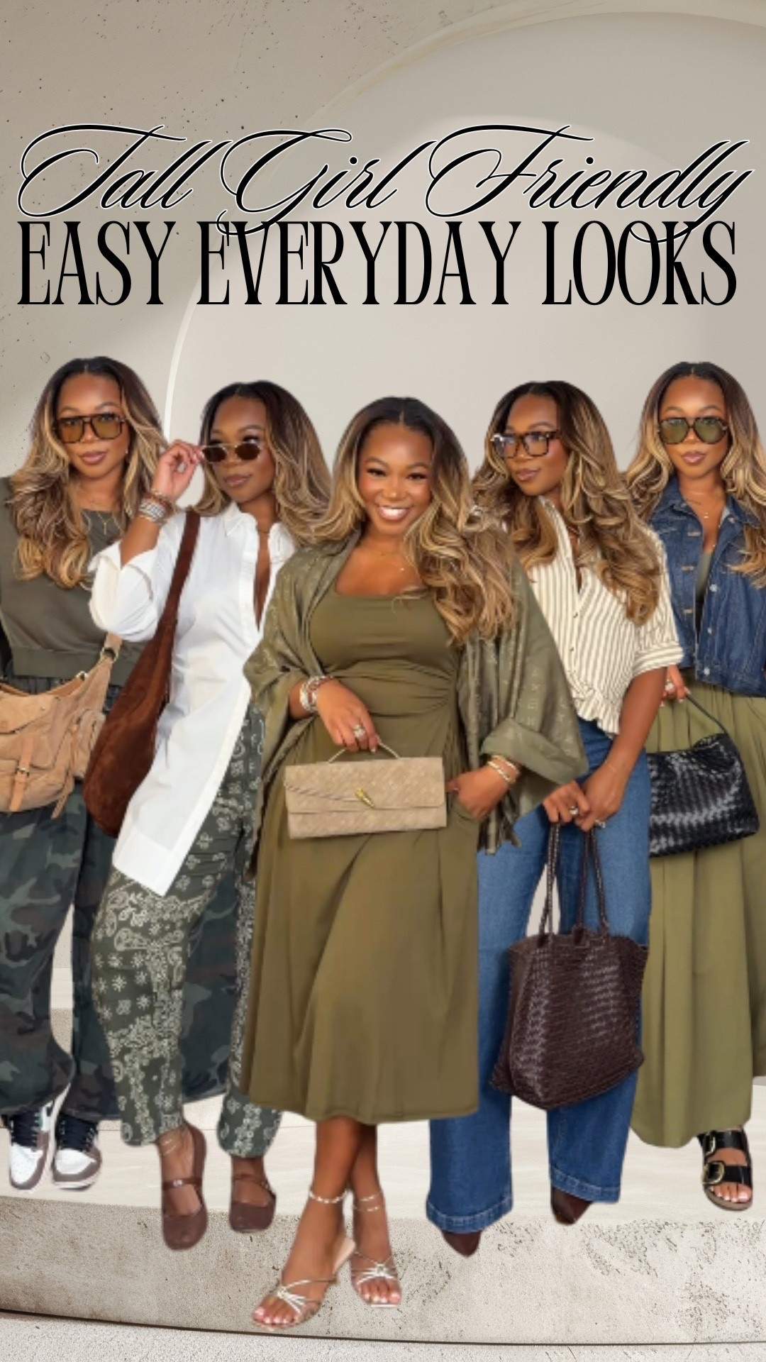 Love these looks. 5'9 200 lbs
- In outfit one I'm wearing a medium green dress.
- In outfit two I'm wearing an extra-large white button-down with a waist cinch clip and extra-extra-large green bandana jeans.
- In outfit three I'm wearing a medium striped shirt in a size 30 T-shirt and two jeans.
- In outfit four I'm wearing a large jean jacket, a medium tank top, and a large green skirt.
- In outfit five I'm wearing a medium green sweater and large camouflage pants.

#LTKTall #LTKMidsize #LTKWorkwear