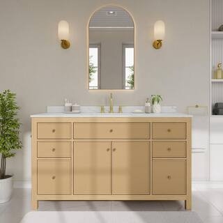 Pendry 60 in. Single Freestanding Tanned Oak Bath Vanity with Giotto Quartz Top Assembled | The Home Depot
