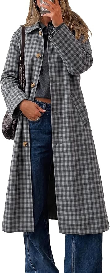 Cicy Bell Womens Plaid Trench Coat Fall Lapel Single Breasted Long Jacket | Amazon (US)