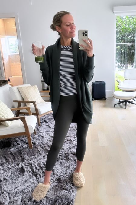 Just a gal & her green juice // Loving this lightweight cocoon to throw on in the summer when Kyle keeps our a/c cranked on! And the fabric is yummy! Also, these slippers were one of my favorite birthday gifts…they are so luxe feeling & i legit wear them everyday! // Sizing: cocoon/XS/S, leggings/small, tank/small, slippers/TTS 

#LTKshoecrush #LTKtravel #LTKunder100