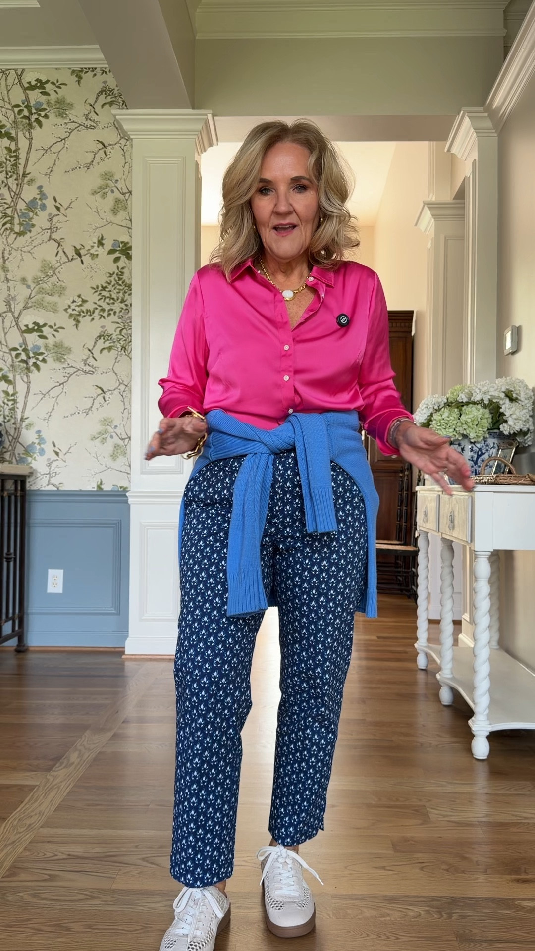 Blouse medium petite 
Pants 8 petite 
Sweater size large 
The best sale of spring going on now! 

#LTKPetite #LTKSaleAlert #LTKOver40