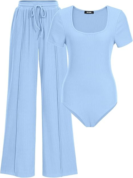 BTFBM Womens Summer 2 Piece Outfits 2026 Square Neck Short Sleeve Drawstring Pants Knit Spring Lo... | Amazon (US)