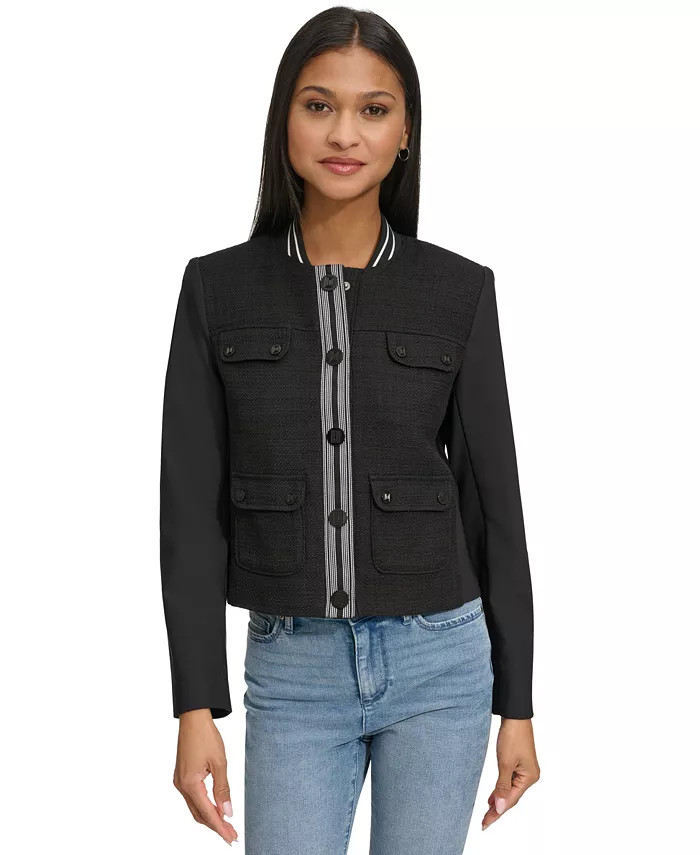 Women's Tweed Contrast-Trim Bomber Jacket | Macy's
