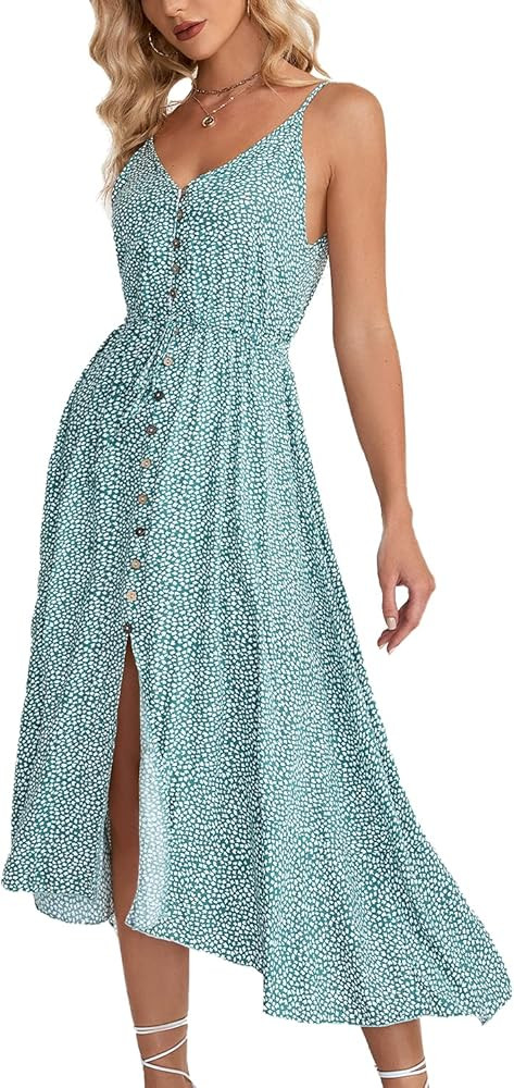 BROVAVE Women's 2026 Summer Casual Boho Sundress Polka Dot Spaghetti Strap V Neck Flowy Midi Dres... | Amazon (US)