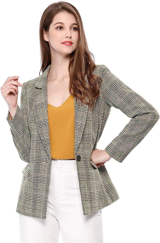 Allegra K Women's Plaid Notched Lapel One Button Houndstooth Blazer Jacket | Amazon (US)