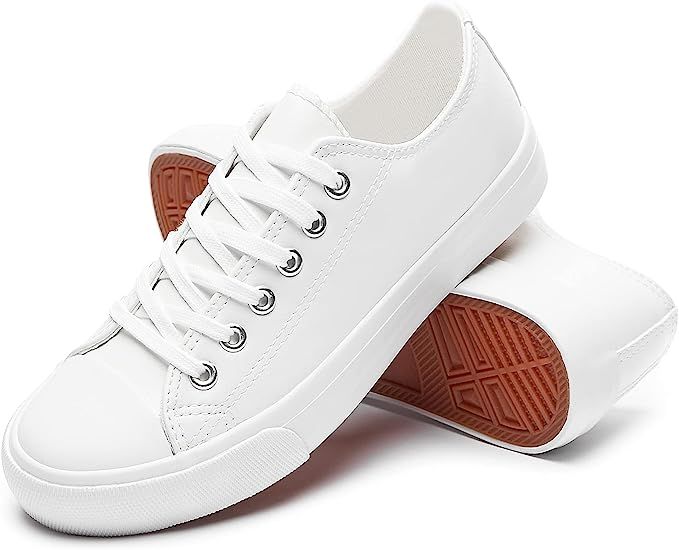 Amazon.com: Women's White PU Leather Sneakers Low Top Tennis Shoes Lace up Casual Walking Shoes(W... | Amazon (US)