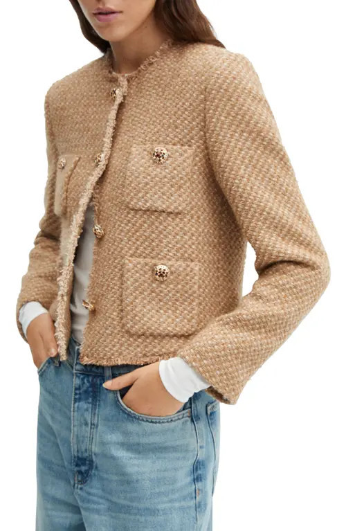 MANGO Embellished Button Tweed Jacket in Beige at Nordstrom, Size Medium | Nordstrom