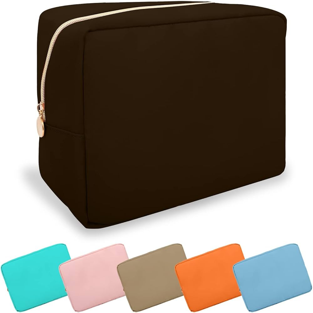Waterproof Large Makeup Bag Pouch,Nylon Women Travel Toiletry Storage Bag Preppy Cosmetic Bag for Girls,Big Makeup Organizer Bag Cute Zipper Pouch Bag for Sport School Work Gift(Large-Chocolate) | Amazon (US)