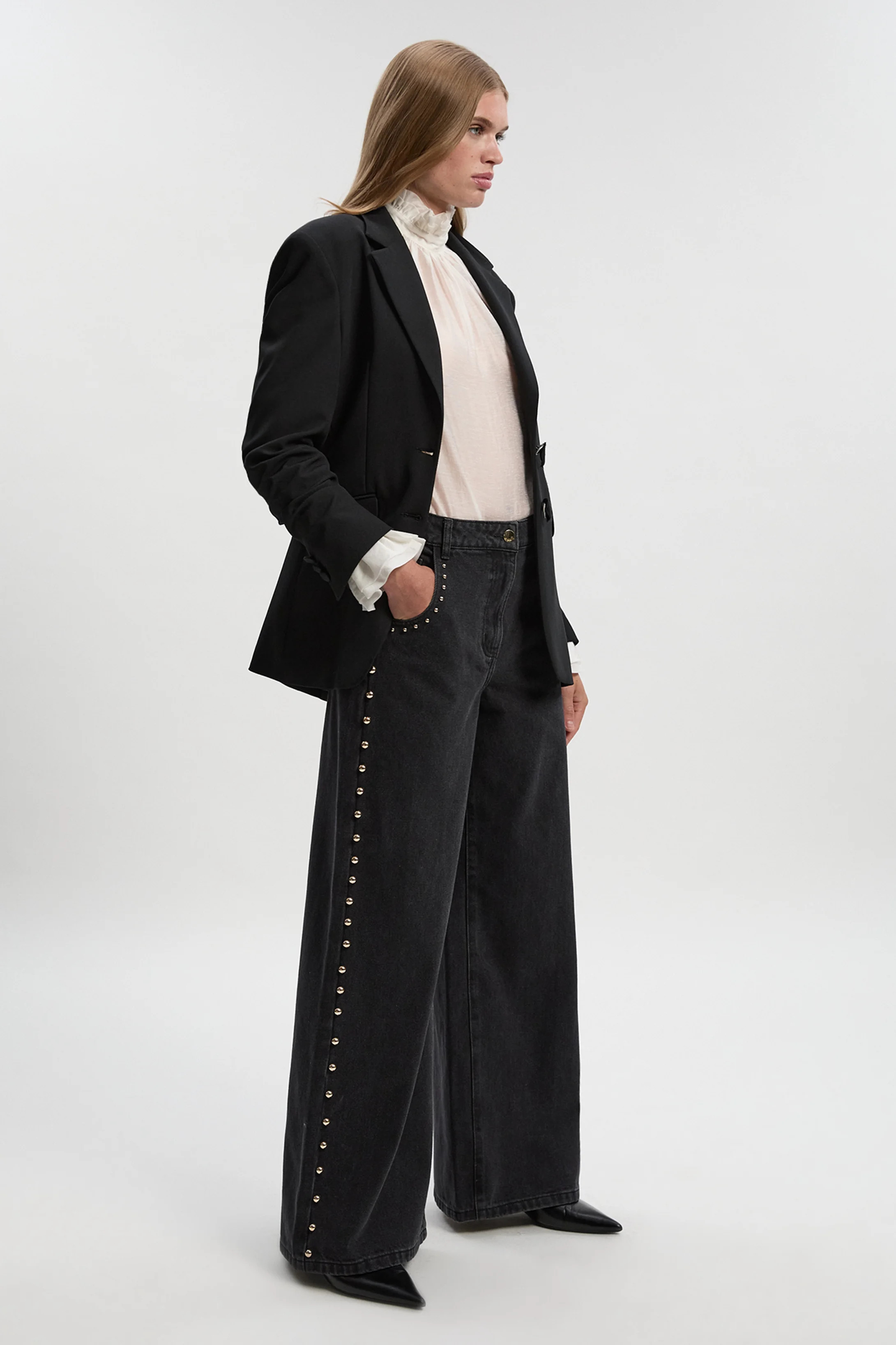 Denim Studded Wide Leg Trouser | Karen Millen UK + IE + DE + NL