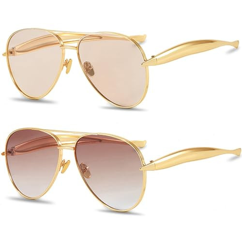 Trendy Oversized Aviator Sunglasses for Women Men 2025 Gold Big Aviators Sun Glasses 70s Retro Shades (Gold/Light Champagne+Gold/Brown Gradient) | Amazon (US)