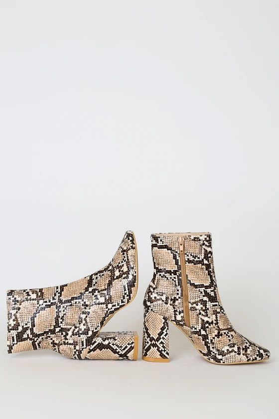 My Generation Tan Snake High Heel Mid-Calf Boots | Lulus (US)