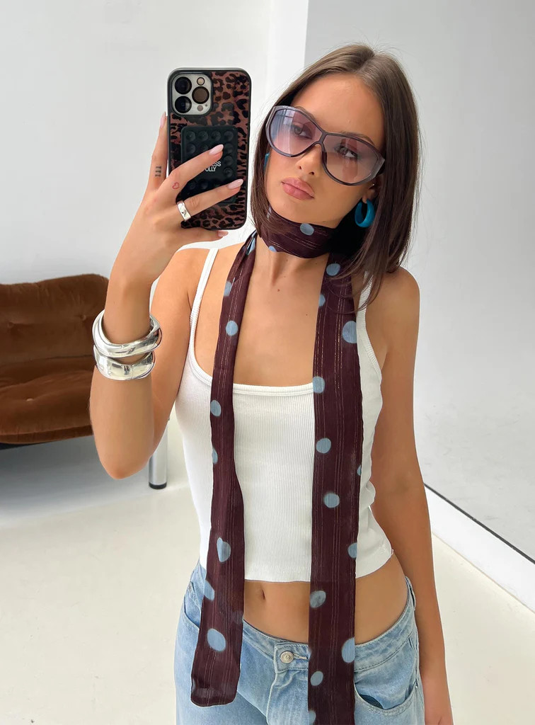 Velveta Skinny Scarf Brown / Blue Polka | Princess Polly AU