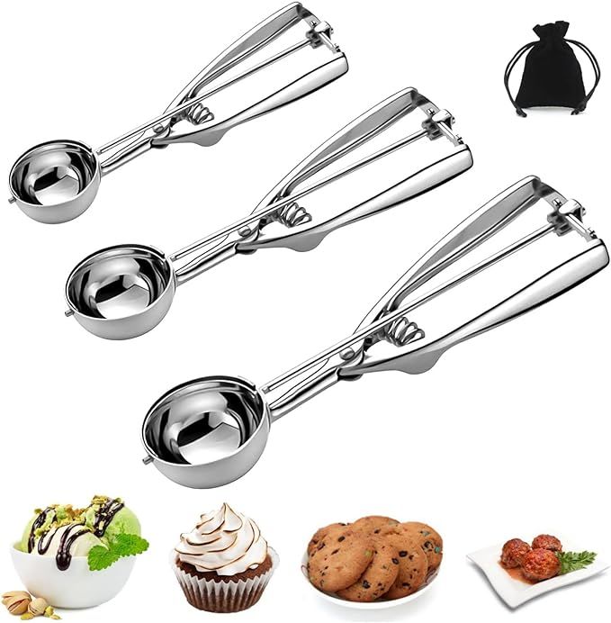 Ice Cream Scoop, 3Pcs Cookie Scoop Set, Stainless Steel Cookie Scoops for Baking Set of 3, Cookie... | Amazon (US)