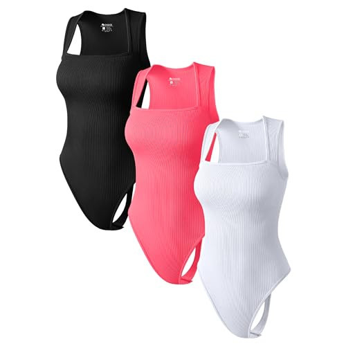 OQQ Women's 3 Piece Bodysuits Sexy Thongs Ribbed Strappy Square Neck Tummy Control Bodysuits Black Fluorescent pink A White | Amazon (US)