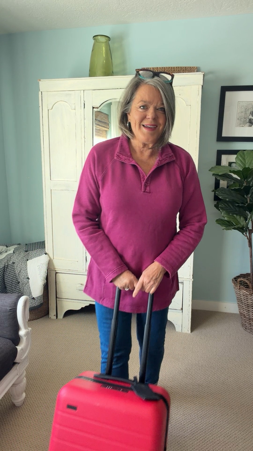 Why do I love this outfit for travel? I’m glad you asked!
The raspberry color sweatshirt is perfect for layering when traveling and adds a pop of color! It goes with everything in my carry-on and is not bulky with the fabulous packable rain coat over the top. These stretchy knit pull on denim jeans are so comfy and flattering. Also perfect for packing on my trip. 
I have to have comfortable arch support sneakers to walk all the miles in Italy. The creamy knit Born sneakers are a winner for me! Plus they are sooo cute!
@coldwatercreek #ad

#LTKMidsize #LTKTravel