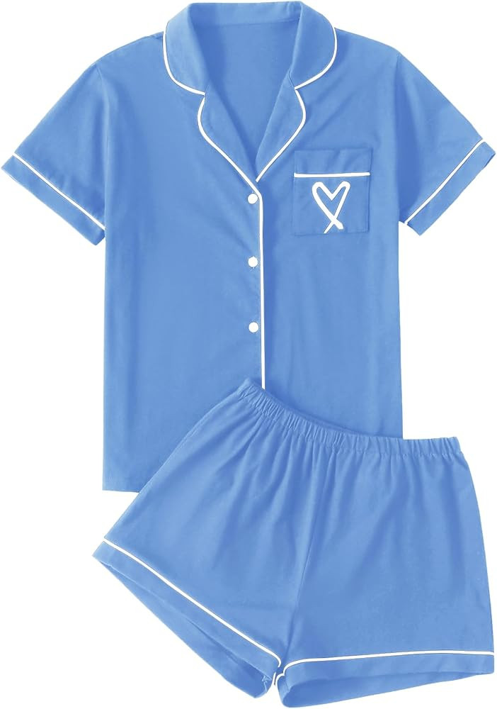 LYANER Women's Pajamas Set Heart Print Button Short Sleeve Shirt with Shorts Sleepwear PJs Set | Amazon (US)