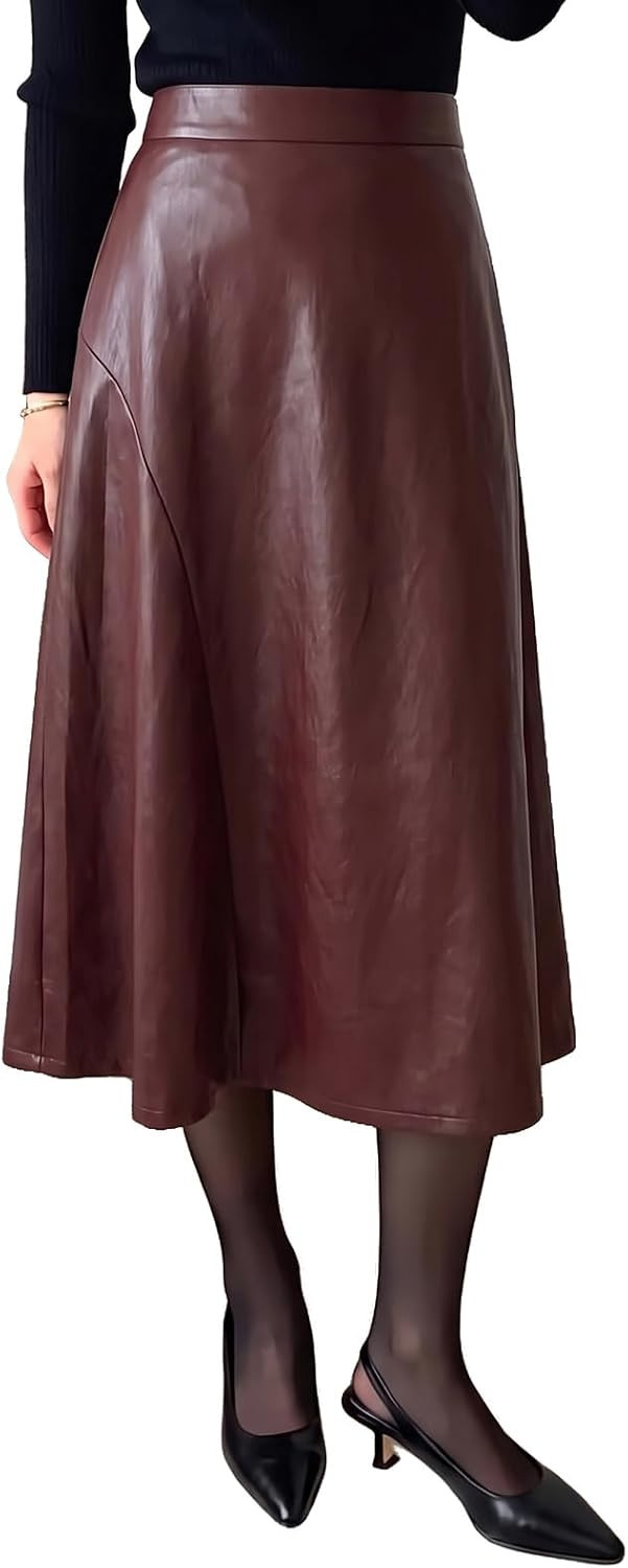 Imily Bela Womens Fall Winter Faux Leather Flowy High Waisted Midi Skirt | Amazon (US)