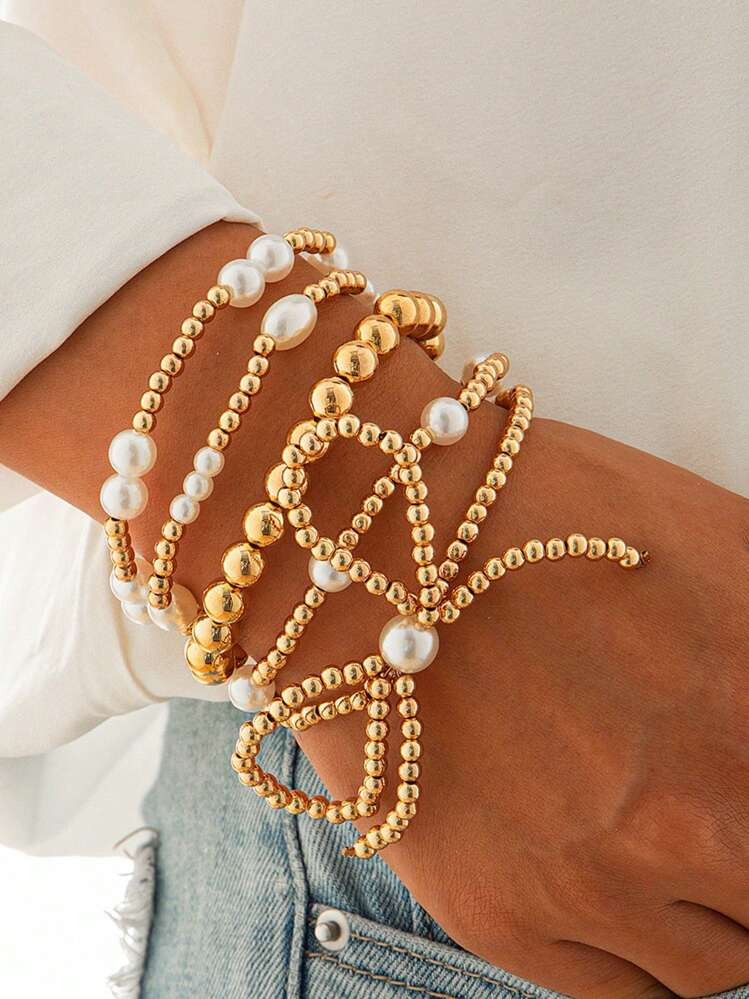 5pcs Fashionable Niche Gold Beaded Bow & Faux Pearl Decor Bracelet Set, Fits Any Occasion, Romant... | SHEIN
