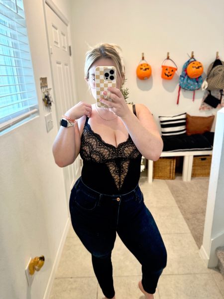 On SALE AMAZON Lace bodysuit! A gorgeous bodysuit and shapewear in ONE?! YES PLEASE! This one snatches your waist and has a thing bottom so no panty lines 🎉🎉 but size UP bc it is tighhtt! wearing XXL with 44 inch hips. 

#LTKfindsunder50 #LTKmidsize #LTKHoliday