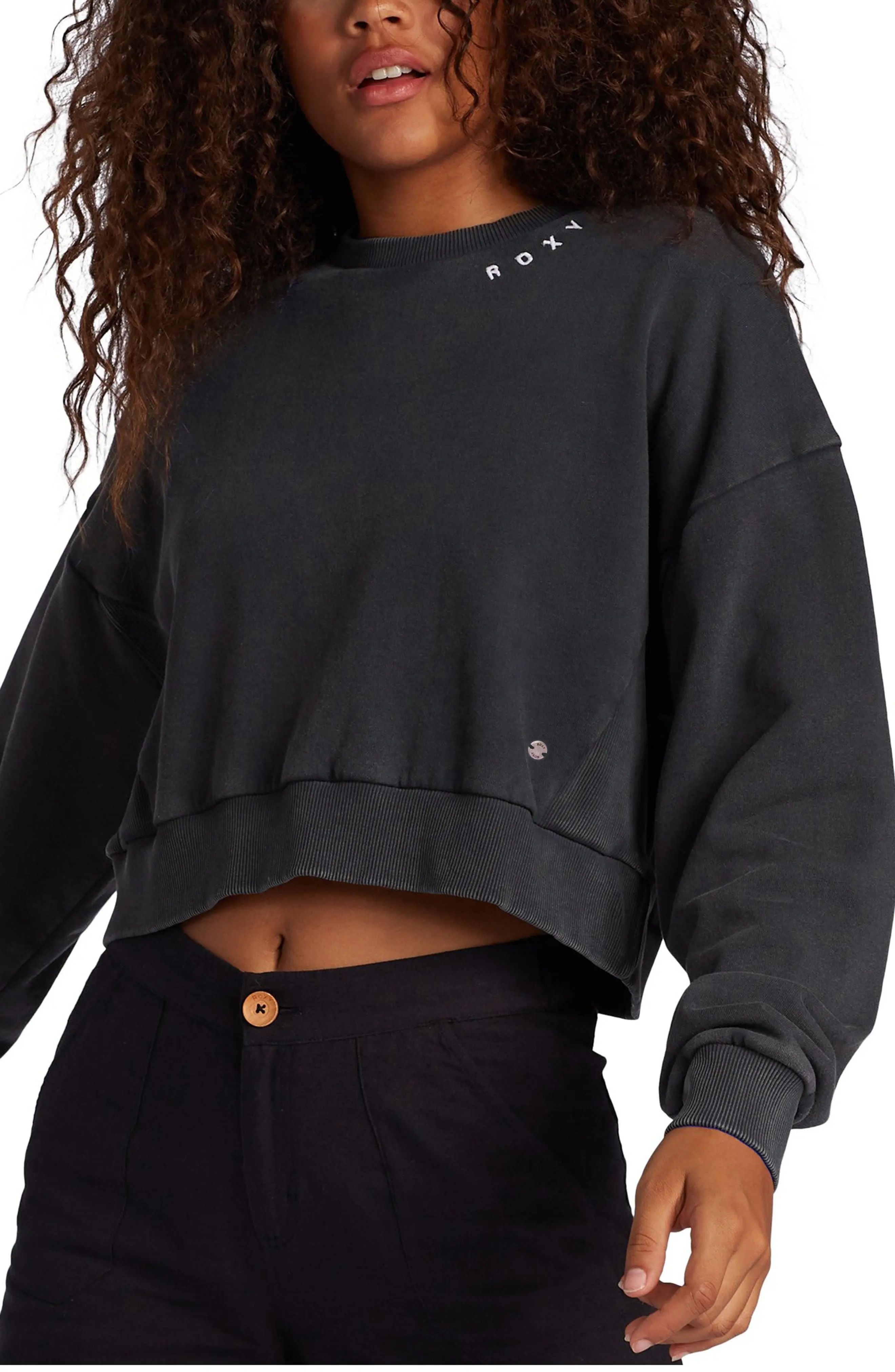 Women's Roxy Over The Moon Crop Sweatshirt, Size X-Large - Black | Nordstrom