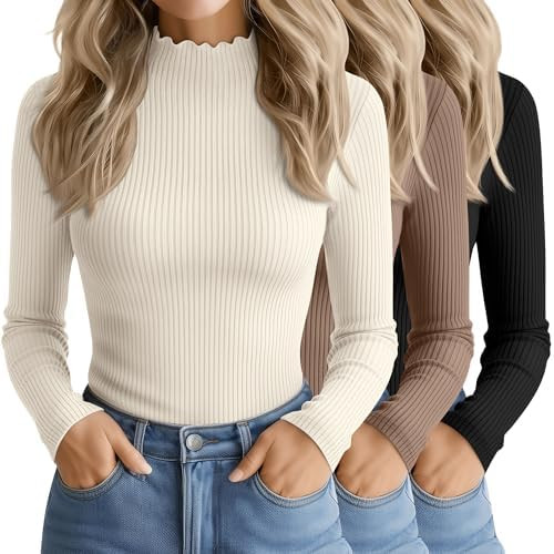 3 Pack Women's Cotton Long Sleeve Mock Turtleneck Tops Ribbed Lettuce Trim Slim Fit Shirts Therma... | Amazon (US)
