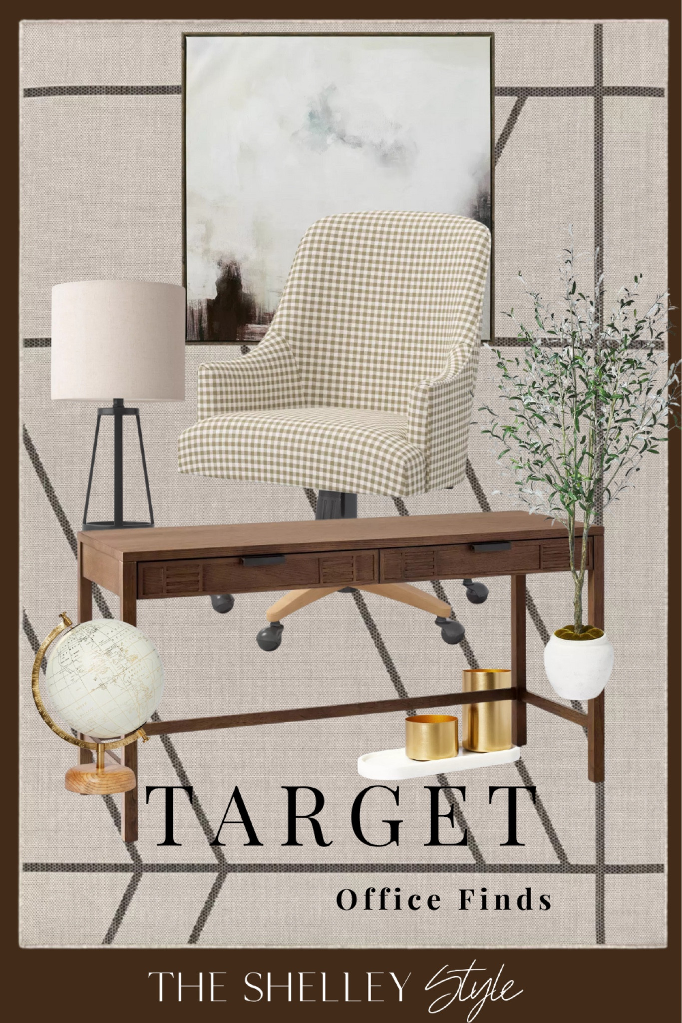 Target Office Finds
60" Desk Brown, Santa Monica Office Chair, Marble Tray and Metal Cups Set, Rectangular Woven area rug, Modern Globe - Threshold, 93" Artificial Olive Tree, Framed Canvas, Table Lamp, 

#LTKHome