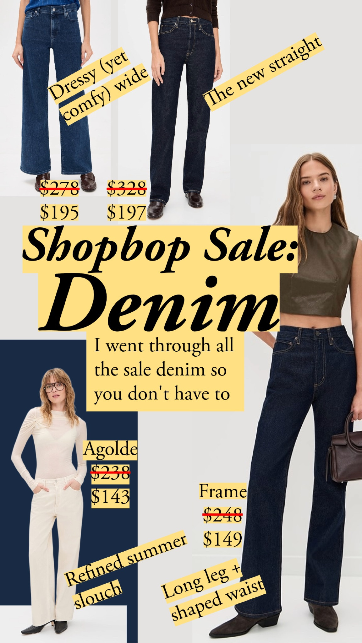 Sale ends May 6. Shopbop's sale denim, filtered for you. I looked for distressing done correctly or not at all in cuts that look great now and will stay relevant. We've got wide legs with enough structure to drape cleanly, and high-rise cuts with a shaped waistband that actually fits. I noted which ones I have – like the Frame Palazzo Slim, which is a whole stack in my closet. denim keywords: wide leg jeans, straight leg jeans, dark wash denim, high rise jeans, flare jeans, summer denim, denim sale, shopbop finds, denim picks, affordable denim, Frame denim, Paige, Agolde, AG Jeans

#LTKootd #LTKSaleAlert