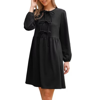 INSPIRE CHIC Women's Casual Long Sleeve Self Tie Bow Cute Tunic Fall Babydoll Dress Black Small | Target