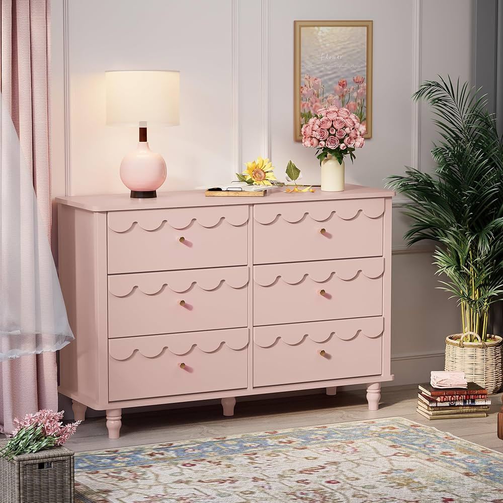 Anbuy Pink Scalloped Nursery Chests and Nursery Chests and Dresser for Kids Bedroom Wood 6 Drawer... | Amazon (US)