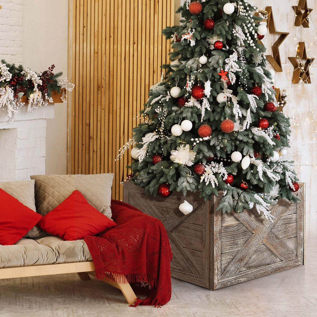 Costway Wooden Tree Collar Box Farmhouse Christmas Tree Skirt Cover 30.5 x 22.5 in Grey\Brown | Target