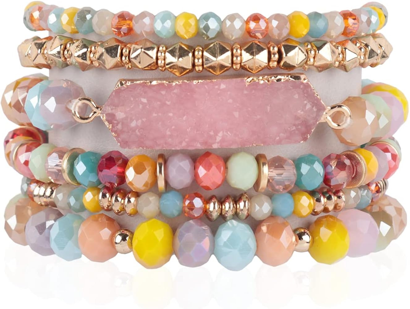 Bohemian Acrylic Druzy Multi-Layer Bead Statement Bracelet - Versatile Faux Stone Pendant Stretch... | Amazon (US)