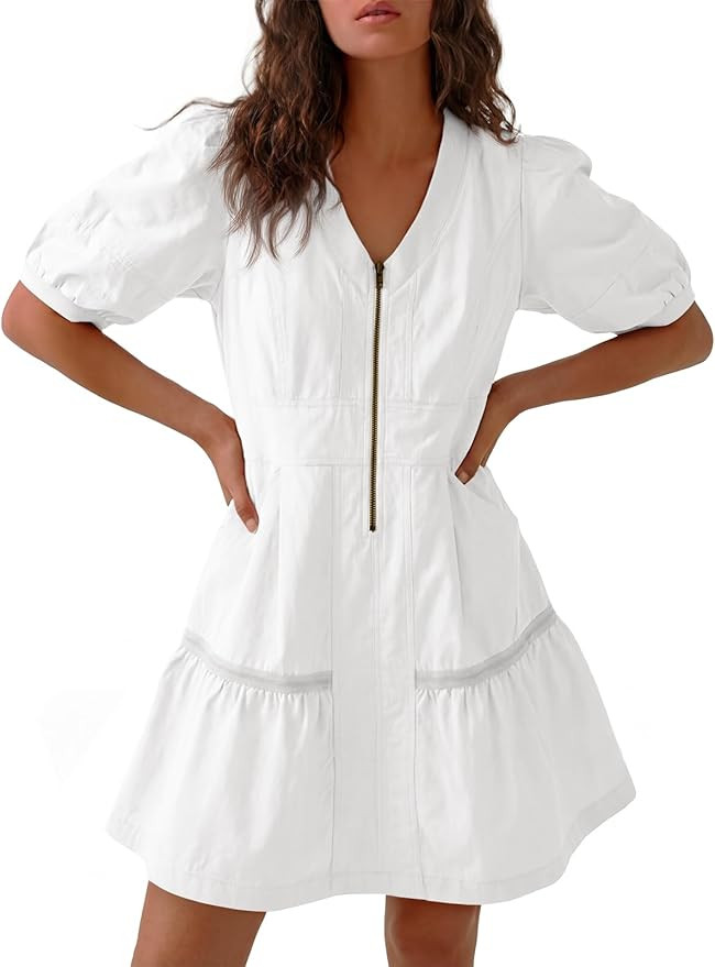 Fisoew Women's Short Sleeve Mini Dress Casual Half Zip V Neck Loose Mesh Back Utility Summer Dres... | Amazon (US)