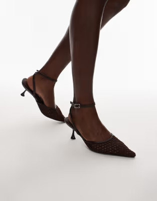 Topshop Iggy sling back mesh court mid heel in chocolate | ASOS (Global)