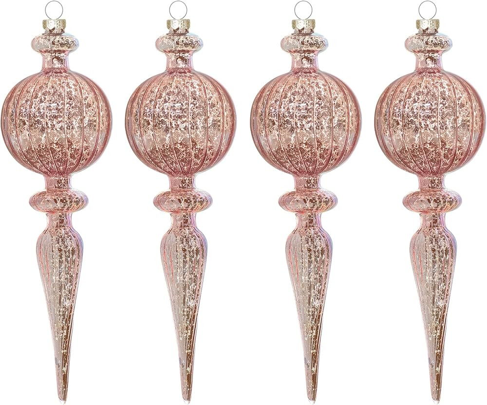 KI Store Finial Mercury Glass Christmas Ornaments Pink 4pcs 8-Inch Large Hanging Christmas Tree D... | Amazon (US)