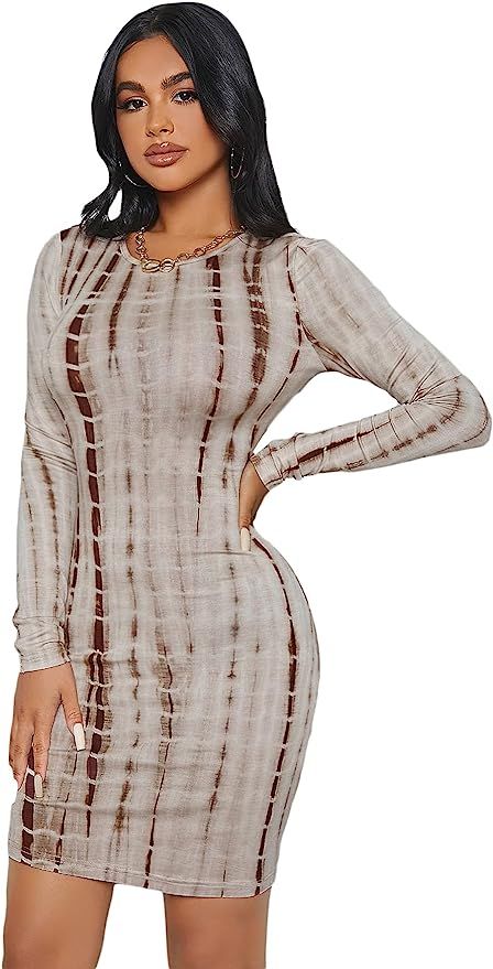 Milumia Women's Tie Dye Bodycon Dress Long Sleeve Round Neck Short Pencil Dress | Amazon (US)