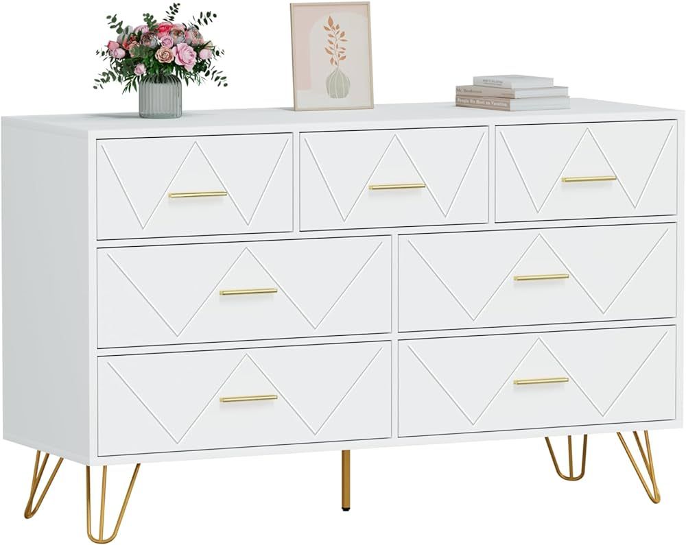 CARPETNAL White Dresser for Bedroom, 7 Drawer Dresser with Wide Drawers and Metal Handles, Wood D... | Amazon (US)