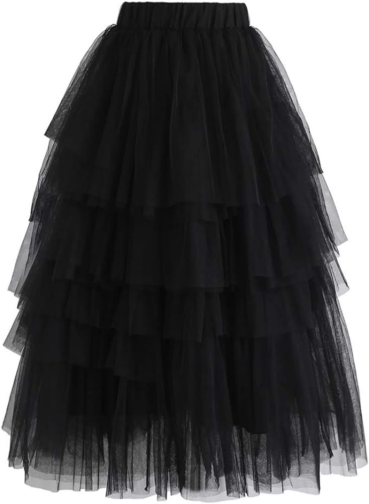 Black Layered Tulle Midi Skirt | Amazon (US)