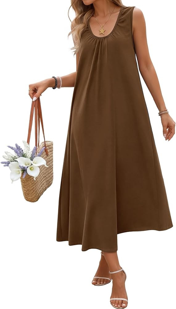 MEROKEETY Women's Summer Boho Maxi Dress 2026 Ruched Beach Vacation Sundresses Sleeveless Loose T... | Amazon (US)